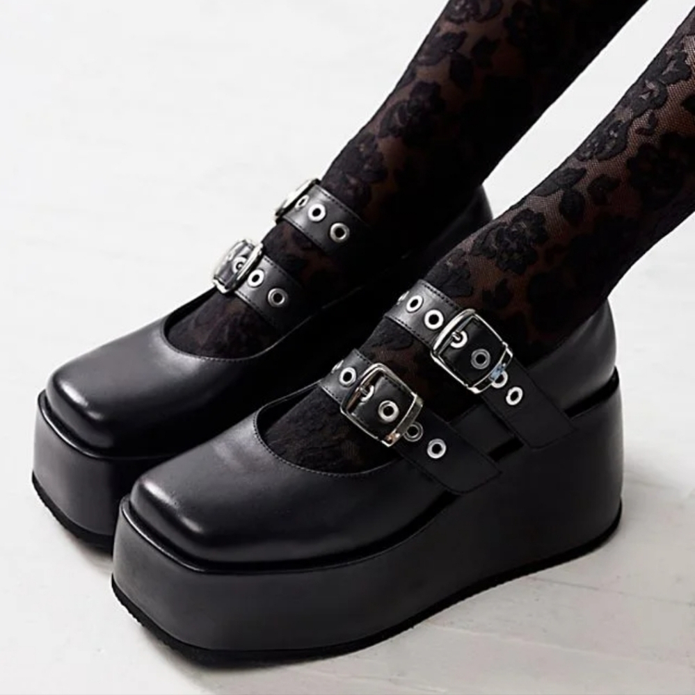 Free People Black Leather Rhys Platform Mary Jane Heels Sz 10